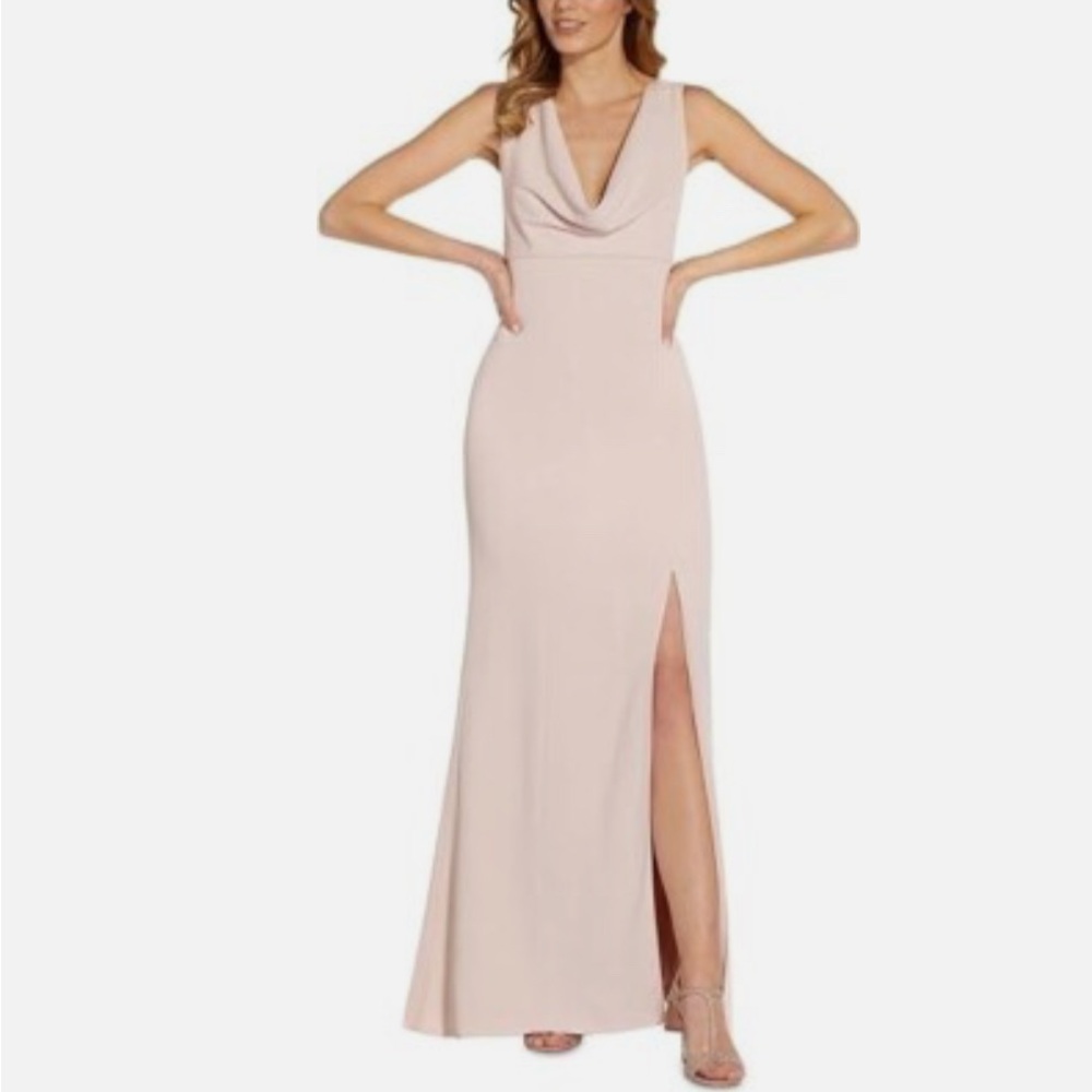 Adrianna Papell Blush Cowl Neck Full Length Slit Formal Dress